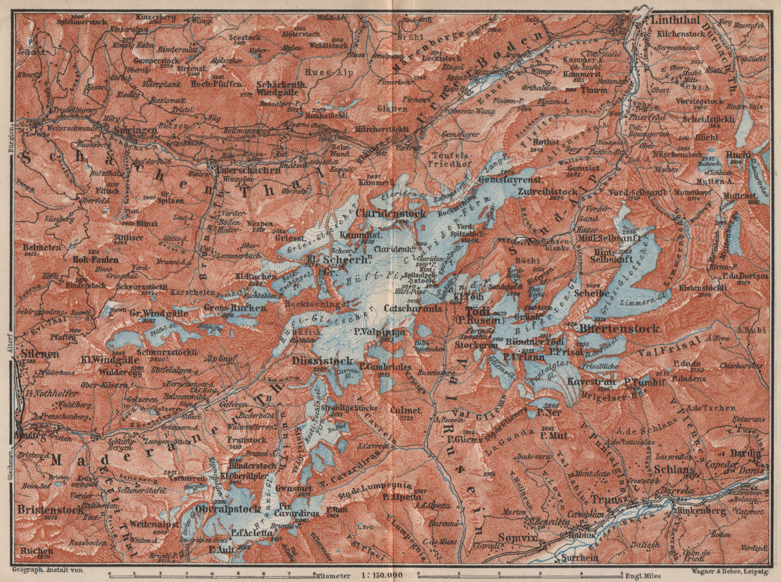 TÖDI DISTRICT. Glarus Alps Linththal Bifertenstock Claridenstock 1897 old map